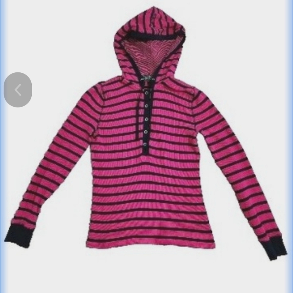 Ralph Lauren Pink and Black Striped Hooded Pullover 100% Cotton 2X